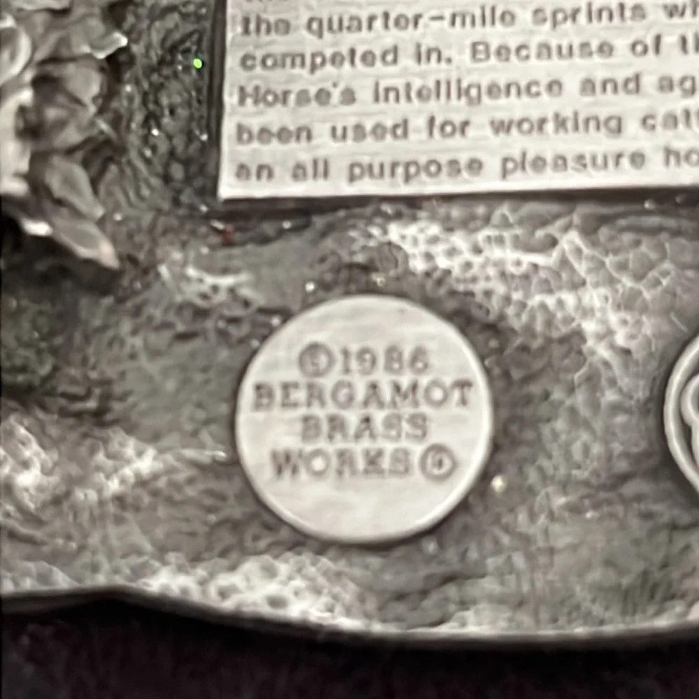 1988 Bergamot Brass Works Western Cowboy Quarter Horse pewter belt buckle T-45